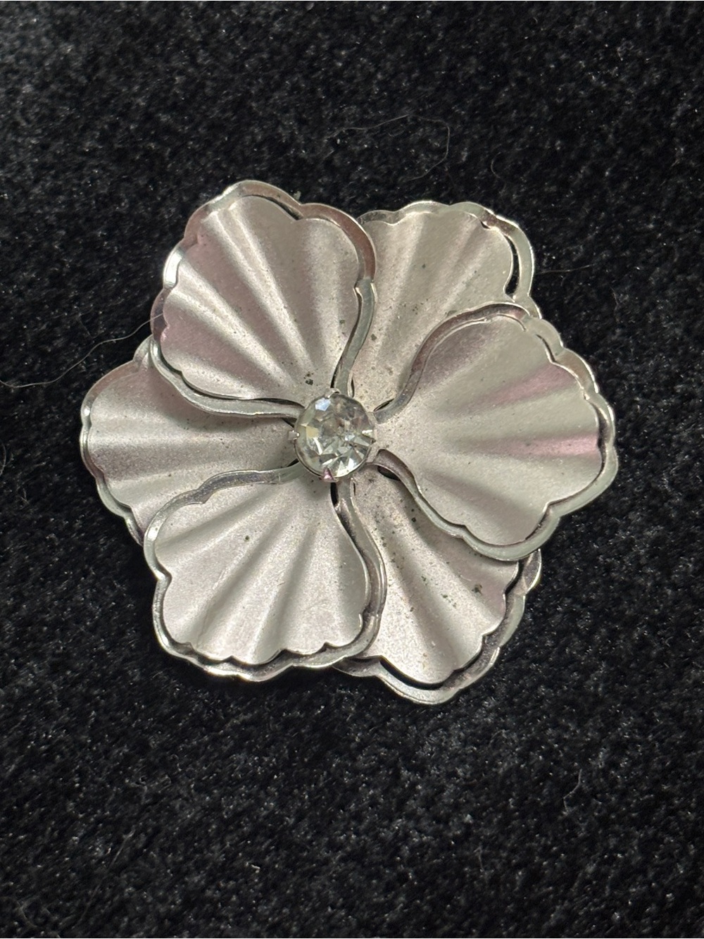 Silver Flower Brooch with Center Crystal